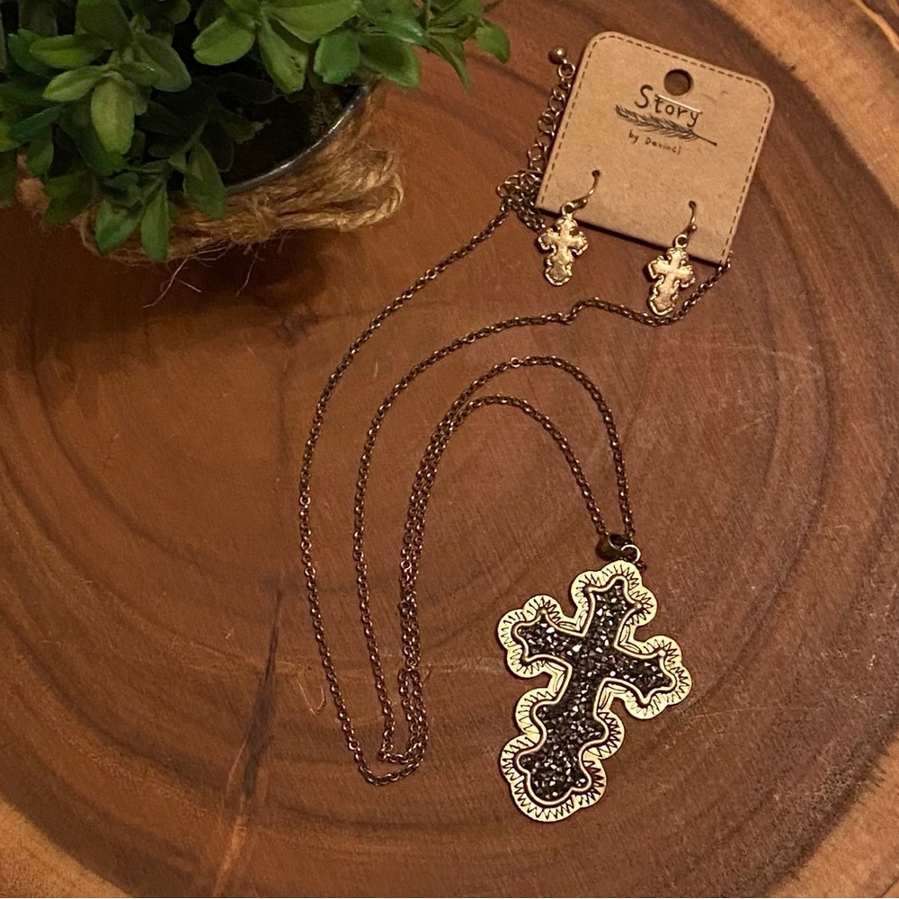 3/$15 Baroque Silver and Gold Cross and Earrings Set
